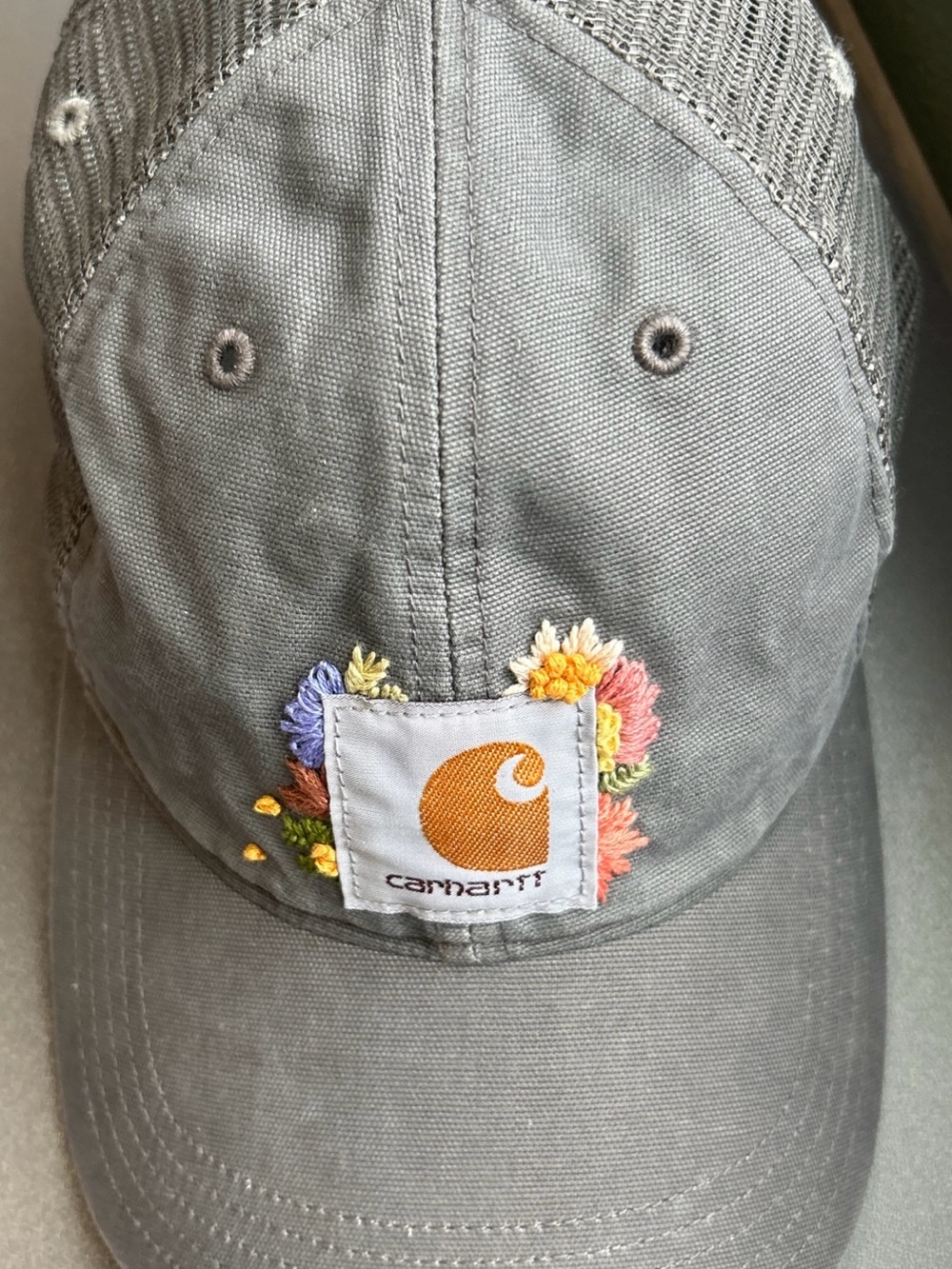 Women's CARHARTT Adjustable Breathable Hat Cap Gray Canvas Floral Embroidered